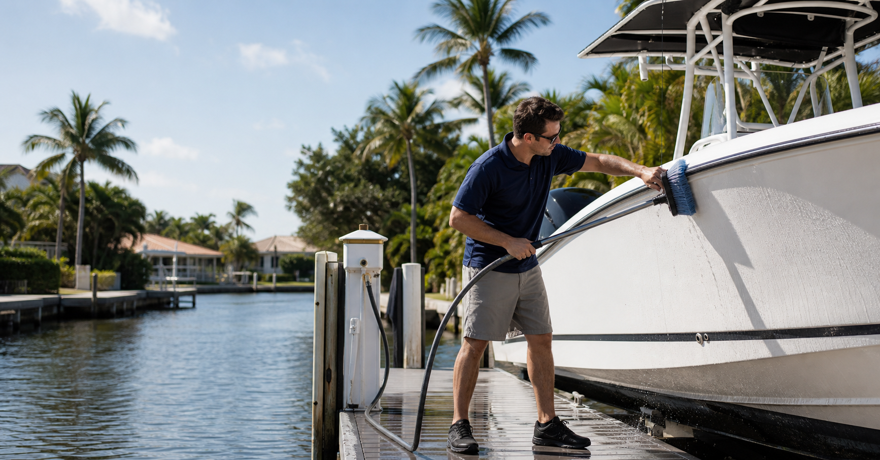 Marine technician washing a center-console boat at a Florida dock