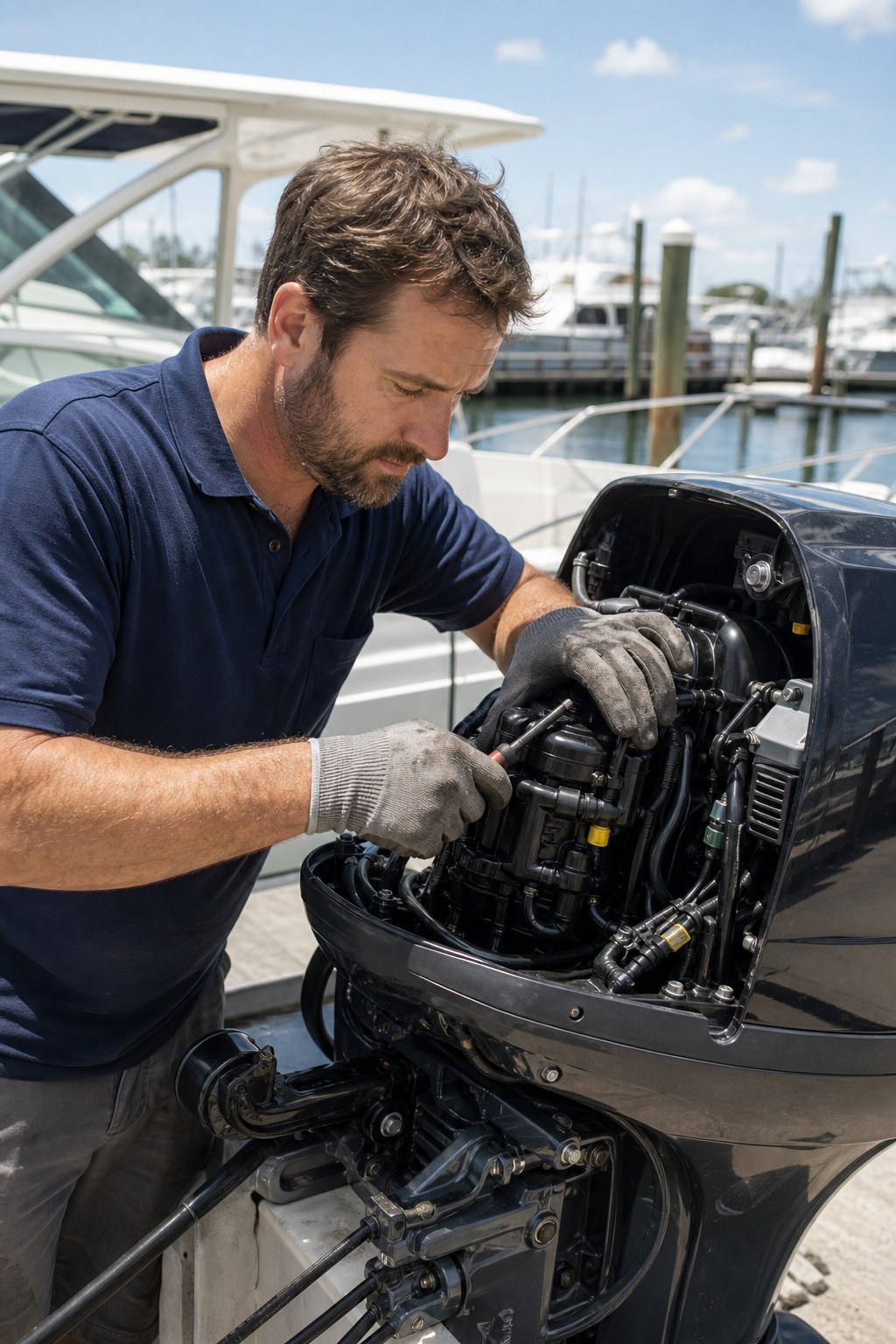 Marine technician servicing a modern outboard engine