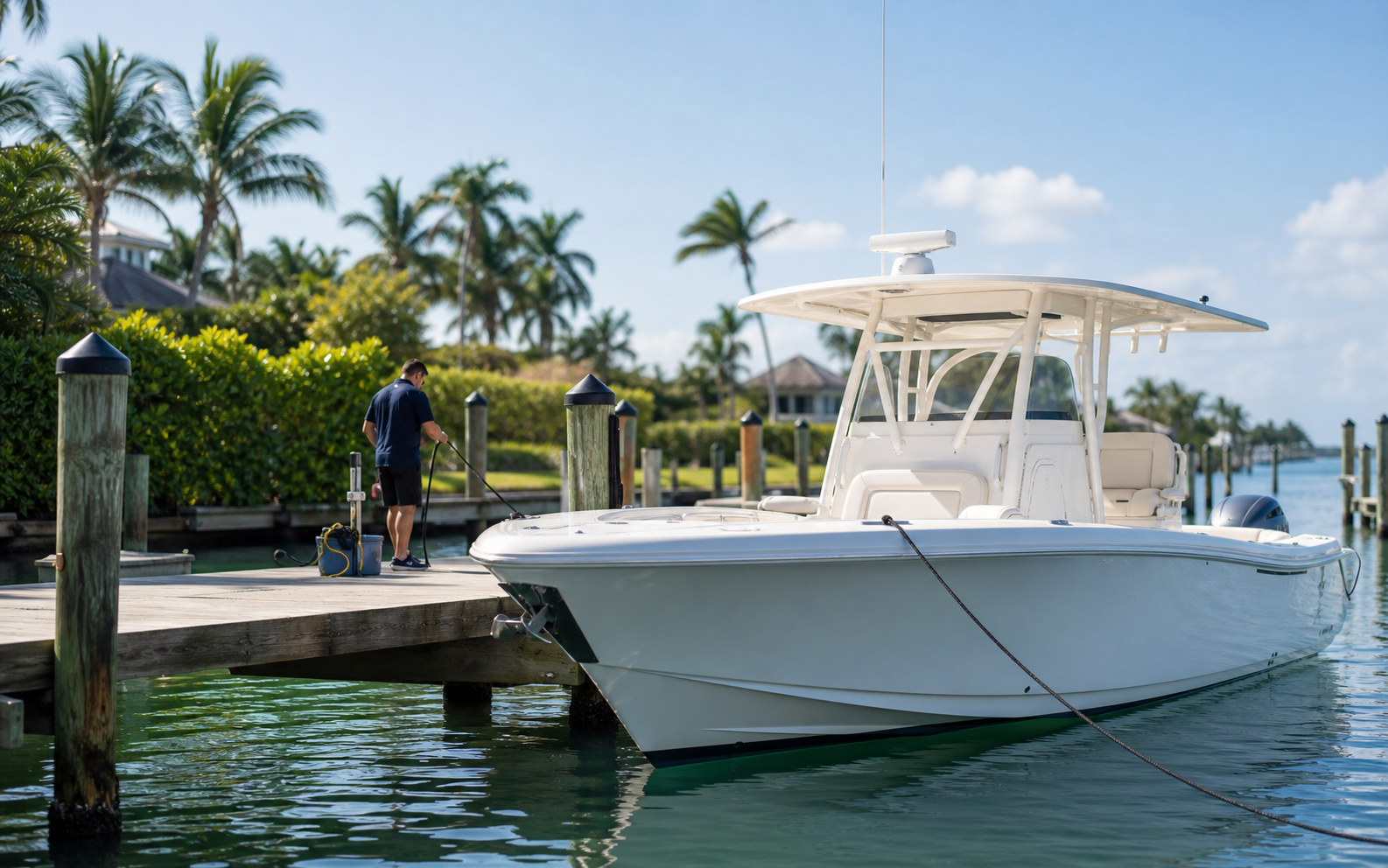 A center-console boat at a Marco Island dock with a marine service professional preparing beside it