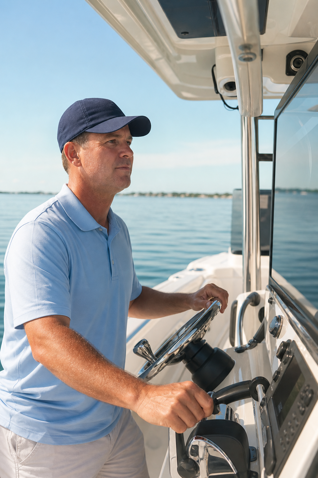 Private captain operating a center-console boat on calm Gulf water
